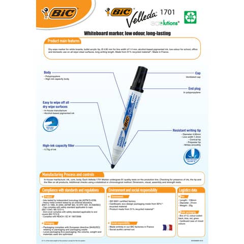 Marcatore per lavagne bianche BIC Velleda 1701 punta conica 1,5 mm blu 904938